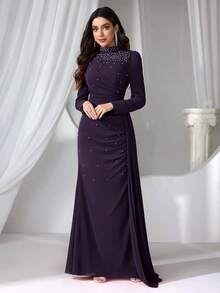 Coutiva 女士立领仿珍珠装饰长款晚礼服 - 紫色 - 查看 4