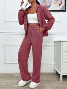 EURMUSE TWO PIECES TWO THREAD LIGHT GREY HOODIE SWEATSHIRT AND SWEATPANT WITH SPARKLE STONE DETAIL - Rusty Rose - View 3