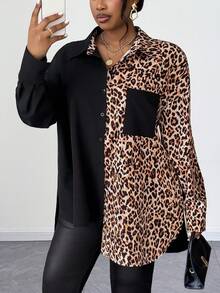 Maweii Casual Leopard Print Patchwork Retro Niche Design Plus Size Shirt - Black - View 1