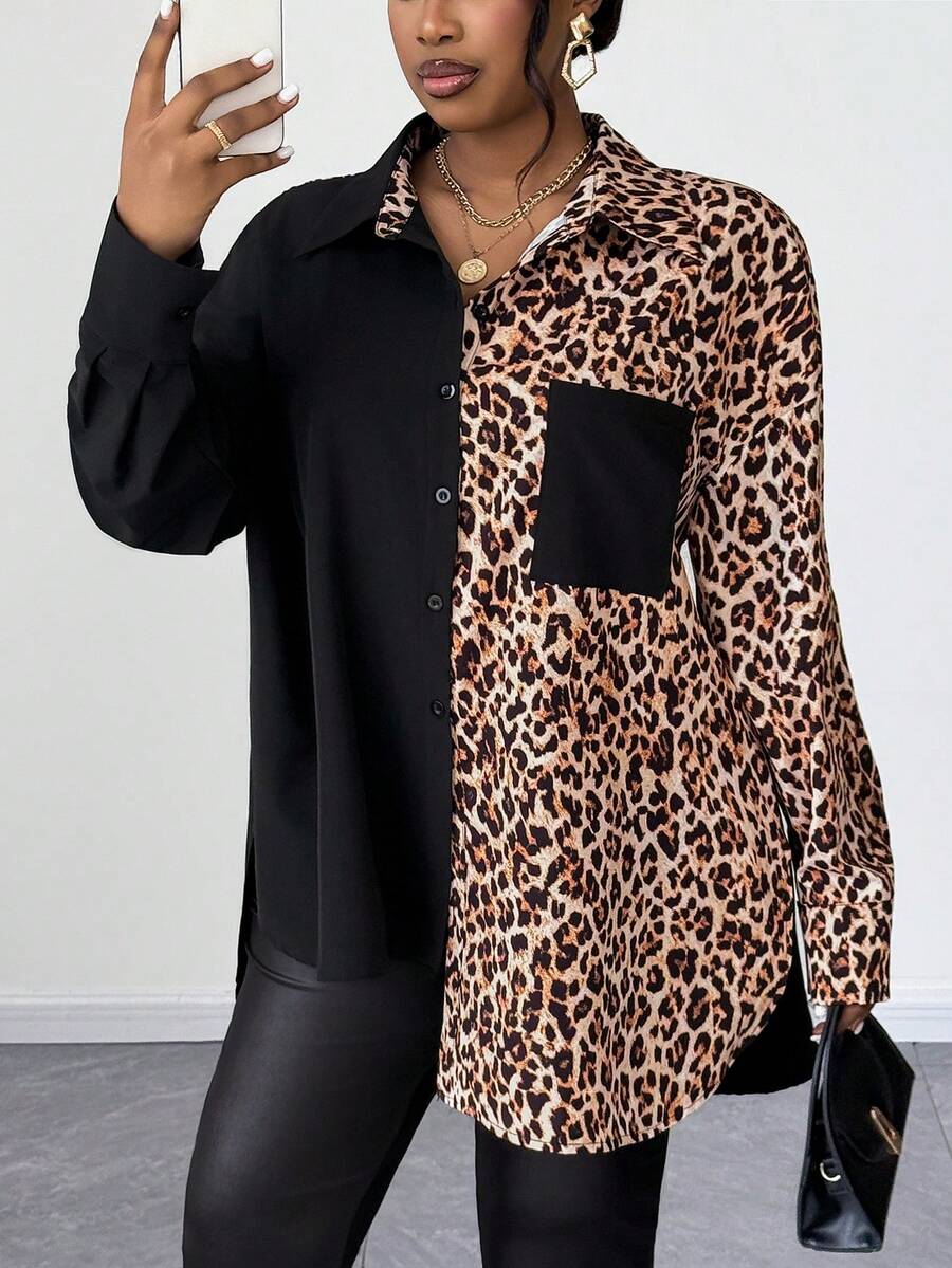 Maweii Casual Leopard Print Patchwork Retro Niche Design Plus Size Shirt - Black - View 1