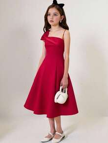 SHEIN Váy dài cổ lệch màu trơn thanh lịch cho bé gái tuổi mới lớn - Đỏ - Xem 9