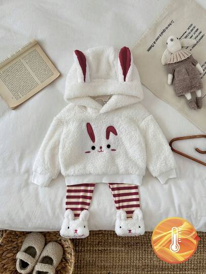 SHEIN 2pcs Baby Girls Rabbit Embroidery Hoodie Sweatshirt With Rabbit Ears And White Striped Fuzzy Trim Pants Set, Fashionable And Cute