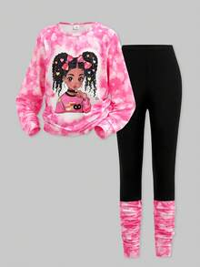 SHEIN Explorewe 2pcs Set Tween Girl Fuchsia Round Neck Portrait Print Top And Leggings, Plus Size - Hot Pink - View 9