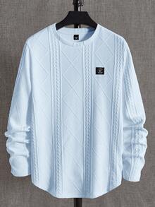 EASEVO Áo thun tay dài cổ tròn họa tiết hình thoi tai lúa mì dáng rộng cho nam cỡ lớn - Màu xanh nhạt - Xem 5