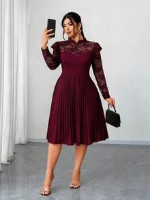 Elenzga 大码女士优雅浪漫日常派对连衣裙，新年派对、婚礼宾客礼服，撞色蕾丝立领，荷叶袖，褶裥飘逸连衣裙，春秋季 - 酒紅色 - 查看 5