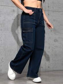 Pantalones cargo holgados con múltiples bolsillos, diseño relajado y versátil, tejido estructurado y con personalidad - Azul lavado oscuro - Ver 3