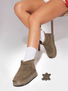 Solezae Women's 1.5" Ultra-Light Platform Premium Suede Leather Olive Ankle Snow Booties-Plush Fur Trim,Cozy Ankle Fit,Warm, Stylish & Endlessly Wearable. Valentine's Day - Olive Green - View 2