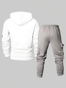 Manfinity Homme 男士撞色长袖连帽卫衣，带口袋和抽绳，休闲两件套，含工装裤 - 淺灰色 - 查看 2