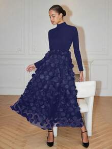 Rafferiza 女式高领罗纹拼接花卉网眼优雅长袖连衣裙长款女装 - 藏蓝色 - 查看 4