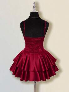 SHEIN ICON 提花面料不对称下摆迷你连衣裙，宫廷风格 - 酒紅色 - 查看 2