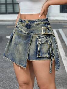 SHEIN Tall 女士休闲牛仔裙，带口袋和不对称裙摆 - 藍色 - 查看 3