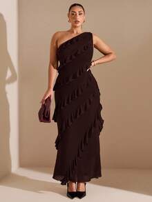SHEIN BAE Plus Size Women Asymmetric Ruffle Hem Long Dress, Early Autumn - Coffee Brown - View 2