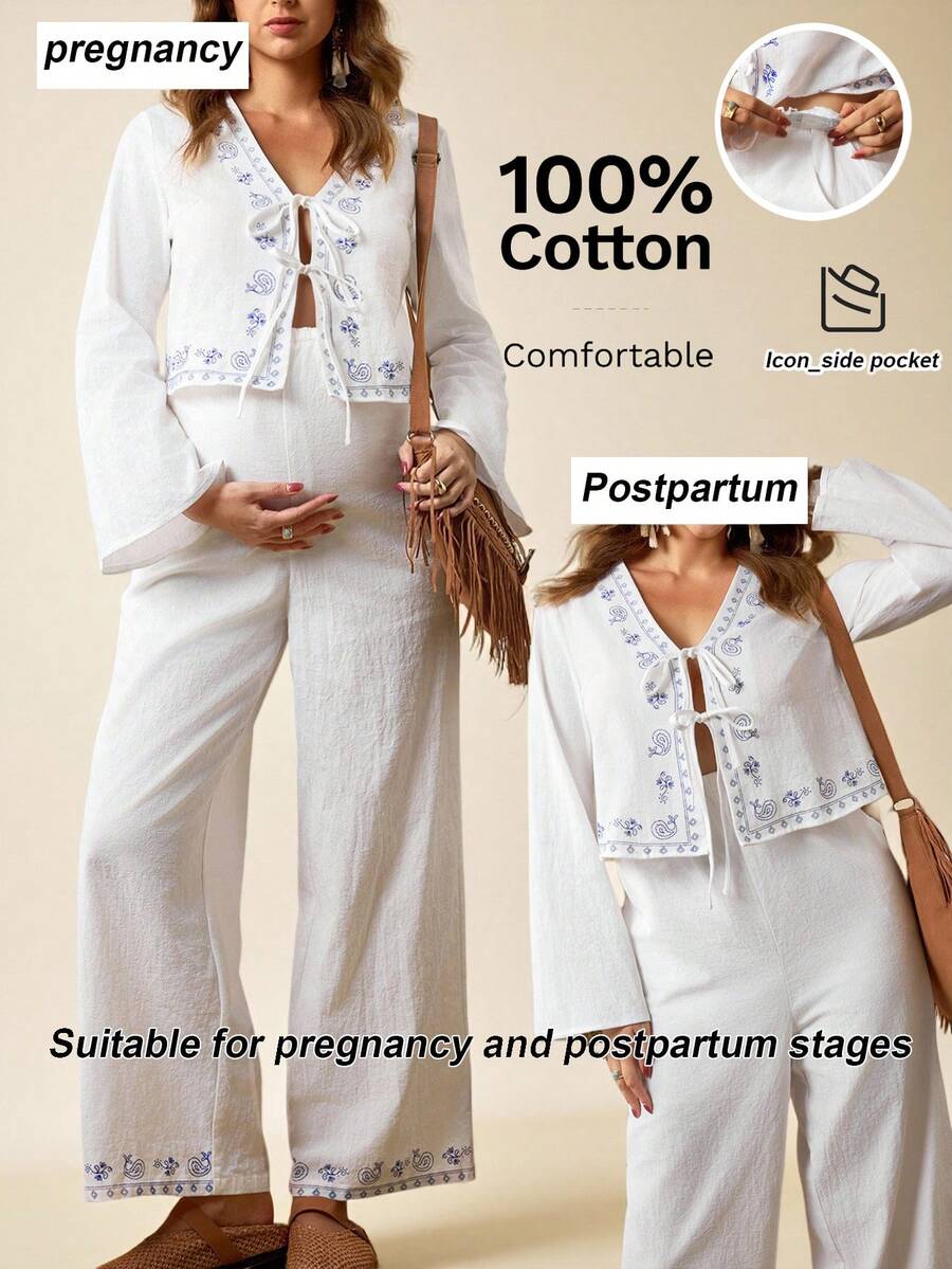Boho Mama Two-Piece Nursing Set With Drawstring Top And Pants, Printed, Stylish Everyday Beach White Casual Set, Women's Pure Cotton Linen Two-Piece Set, Maternity Two-Piece Set, Casual Set, Maternity Two-Piece Set. - White - View 1
