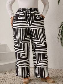 EMERY ROSE Plus Size Women's Black And White Striped Wide Leg Pants,Waist Tie Pocket Loose Casual Trousers,Boho Holiday Style For Autumn,Christmas,New Year Wear - Black and White - View 6