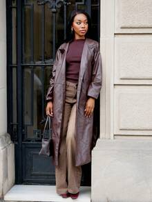 Yess Loren Women Long Solid Color Leather Jacket Regular Fit Coat,Fall Women Clothes - Brown - View 4