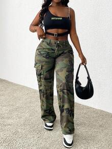 SHEIN SXY Quần Jeans Rách Lưng Cao Rộng In Họa Tiết Rằn Ri - Nhiều màu - Xem 6