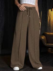 SHEIN Unity Women's Espresso Brown Casual Loose Fit Sweatpants,Drawstring Waist Solid Color Winter Lounge Pants,Fall Back To School Outfits,Teacher Graduation - Mocha Brown - View 3