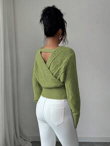 SHEIN Elenzya 女士时尚优雅纯色V领露背毛衣 - 綠色 - 查看 2