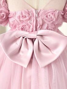 Glamorique Kids 女婴粉色玫瑰刺绣薄纱缎面泡泡袖短裙，优雅公主裙，适合儿童，可作婚礼、派对、生日花童礼服