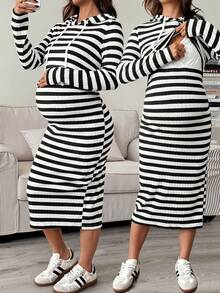 SHEIN Maternity Casual Striped Hooded Nursing Dress, Autumn Elegant  Pregnant Dress Long Sleeve Maternity Dress Striped Maternity Dress Pregnant Clothes Matching Women Sets Striped Two Piece Set Maternity 2 Piece Set 2 Piece Sets For Women - Black and White - View 1