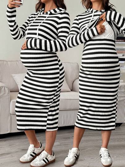 SHEIN Maternity Casual Striped Hooded Nursing Dress, Autumn Elegant  Pregnant Dress Long Sleeve Maternity Dress Striped Maternity Dress Pregnant Clothes Matching Women Sets Striped Two Piece Set Maternity 2 Piece Set 2 Piece Sets For Women
