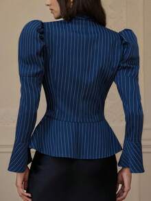 Aveloria Rosie Women's Striped Waist Gathered Puff Sleeve Long Sleeve Ruffle Hem Elegant Versatile Blazer Jacket - Blue - View 2