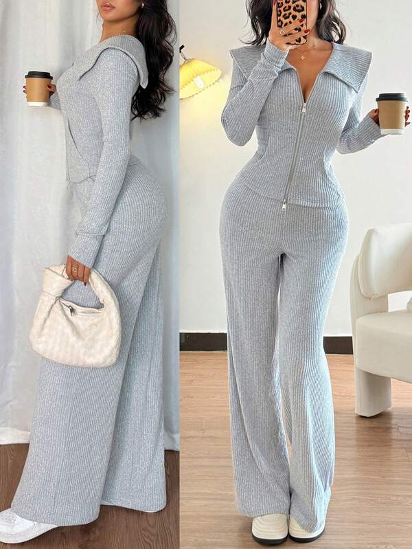 Islaluna Ensemble veste zippée côtelée en tricot brossé à col et pantalon large pour femmes