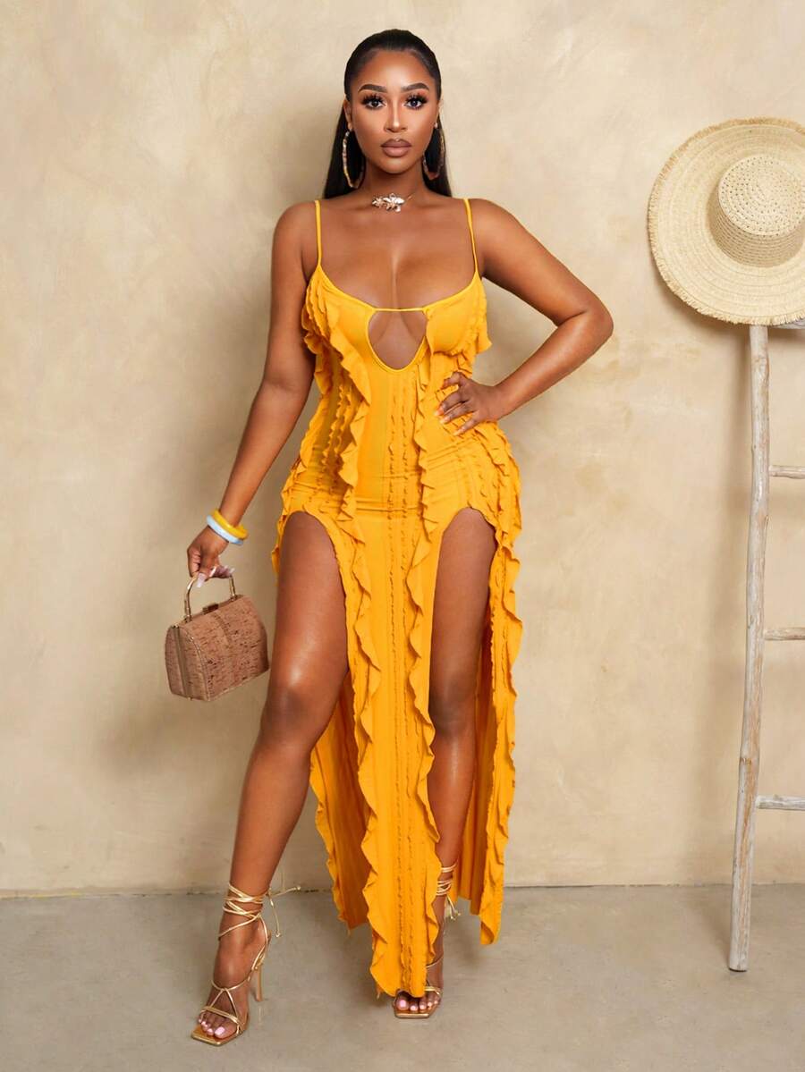 BamGleam Women's Vacation Solid Color Ruffle Hem Split High Low Cami Dress - Yellow - View 1