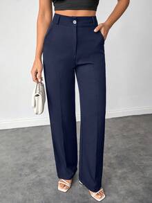 EURMUSE Quần ống đứng cạp cao màu trơn cỡ nhỏ cho nữ mặc hàng ngày - Màu xanh hải quân - Xem 3