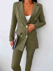 SHEIN Cottnline Women's Solid Color Long Sleeve Jacket And Pants Suit - Olive Green - View 6