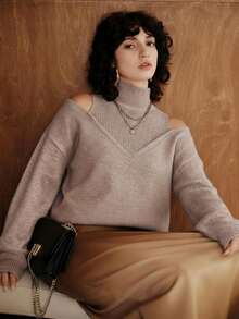 EMERY ROSE 高领露肩二合一毛衣，长袖上衣