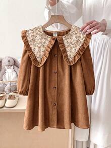 LMoss Kids 女童纯色拼接碎花彼得潘领休闲连衣裙