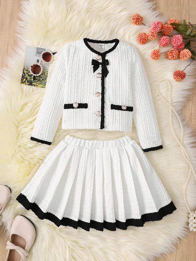 Firerie Kids Firerie Kids Elegantes Pendler-Set für Kleine Mädchen mit Rundhals-Jacke und Kontrastschleife und Rock - Aprikosenfarben - Übersicht 2