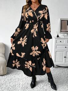 Elenzga 大码女装秋冬时尚休闲V领碎花长款收腰连衣裙，修身显瘦长款女装 - 彩色 - 查看 3