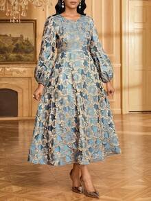 SHEIN Lady 女士优雅提花圆领灯笼袖连衣裙，秋季 - 金色 - 查看 4