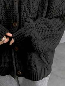 FRIFUL Áo khoác cardigan dệt kim dáng rộng tay dài trễ vai màu trơn, đơn hàng khuy, thu/đông cho nữ - màu đen - Xem 7