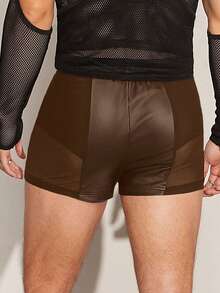 FeverCity 男士弹力皮革网眼面料短裤，夏季 - 棕色 - 查看 2