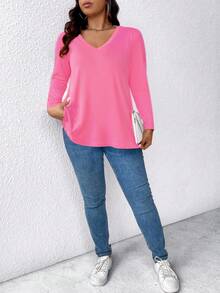 EMERY ROSE Plus Size Solid V-Neck Long Sleeve Casual T-Shirt For Spring - Coral Pink - View 5