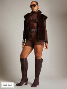 SHUZIA Bốt cao đến đầu gối giả da lộn mũi vuông cổ rộng dành cho nữ - Cà phê nâu - Xem 4