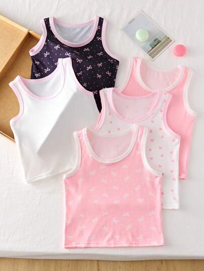 5pcs/Pack Girls' Butterfly & Heart Print Soft Basic Camisole, Sweet Minimalist Mori Style, Multi-Color