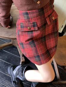 DAZY Women's High Waist Plaid Button Design Casual Short Skirt, Autumn/Winter - Burgundy - View 1