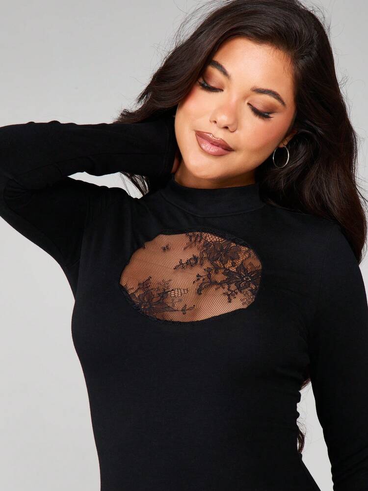 MISSGUIDED Vestido mini ajustado de manga larga con panel de encaje calado y diseño de cuello alto para fiestas y ocasiones de noche