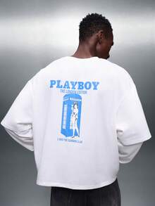 PLAYBOY X SUMWON 伦敦版蓝色电话亭图案双袖宽松长袖圆领纯棉街头休闲T恤 - 白色 - 查看 6