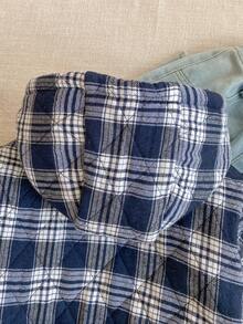 PrepCrw 1pc Boys' Elegant School Style Casual Urban Blue & White Plaid Hooded Long Sleeve Cotton Jacket, Suitable For Outings, Gatherings, Back To School, Winter,Fall Clothes For Kids ,Winterclothes For Kids,Holiday