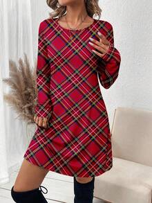 SHEIN LUNE Đầm ngắn tay dài cổ tròn kẻ caro dành cho nữ, kiểu dáng thường ngày. - Nhiều màu - Xem 3