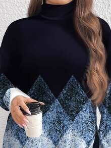 EMERY ROSE 大码格子几何图案高领长款T恤，春秋季