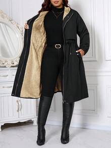SHEIN CURVE+ 大码女式休闲拉链连帽抽绳腰长袖羊毛夹克，保暖，2025 年新款，舒适防风 - 彩色 - 查看 9