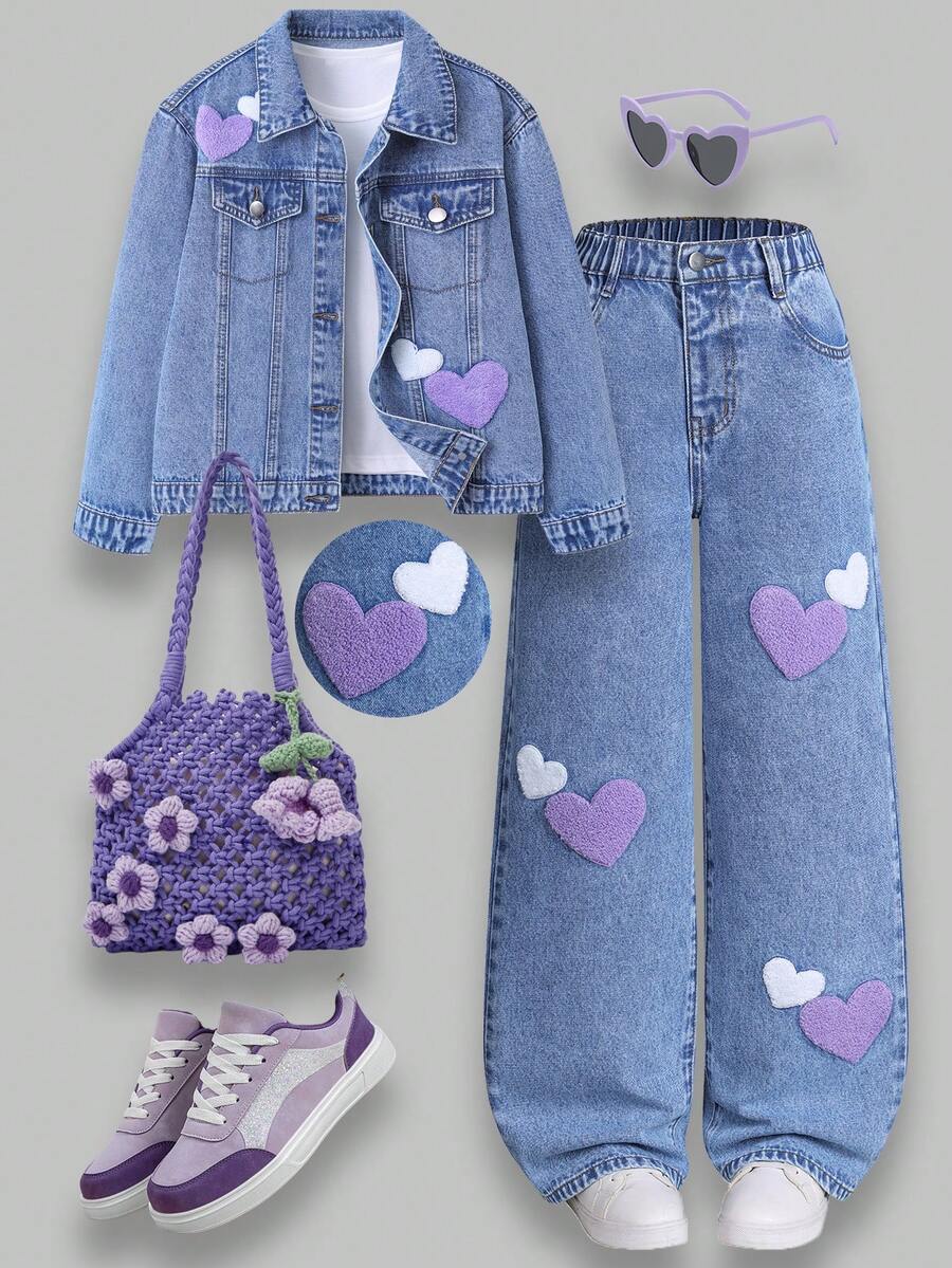 SHEIN Conjunto de dos piezas de mezclilla para niñas preadolescentes, nueva llegada para otoño/invierno 2025 - Chaqueta de mezclilla lavada con decoración de perlas y pantalones rectos holgados de mezclilla, versátil para uso diario, escuela, transporte, fiesta, Halloween, diseño cómodo de talle medio - Azul lavado medio - Ver 1