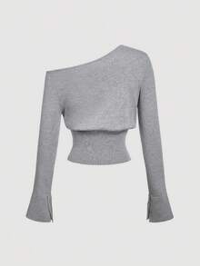 SHEIN MOD Sweater Wanita Kasual Warna Polos dengan Kancing Bahu Miring Warna Abu-abu untuk Musim Gugur/Dingin - Grey - View 2