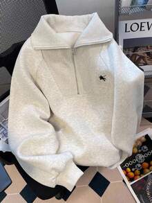 INAWLY Plus Size Casual Embroidered Detail Sweatshirt, Autumn/Winter - Grey - View 3